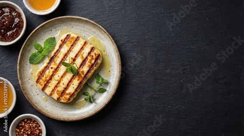 Grilled halloumi cheese with honey and mint top view on dark stone