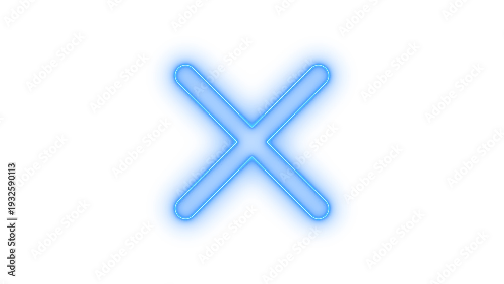 Obraz premium A bright blue neon glowing 'X' mark symbol, representing close, cancel, delete, or wrong, a modern illuminated graphic icon, isolated on transparent background.