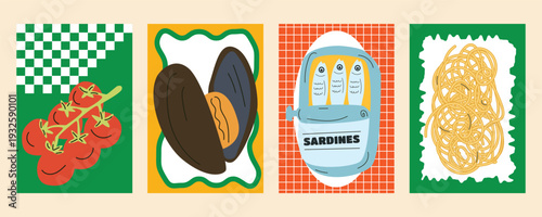 Italian restaurant branding banner set with tomatoes, mussels, canned sardines and pasta illustrations