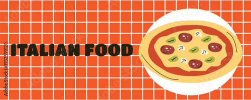 Italian pizza restaurant branding banner with salami, basil and tomatoes illustration