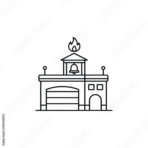 Fire station building icon black and white vector illustration with flame and bell emergency services architecture
