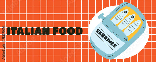 Italian restaurant branding banner with canned sardines illustration