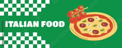 Italian restaurant branding banner with salami pizza, basil and tomatoes illustration