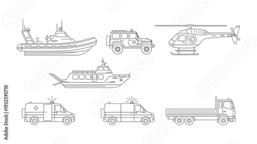 Fleet of Transport Icons: A curated collection of transport icons showcasing a diverse array of vehicles. The illustration includes a ship, helicopter, ambulance, truck, and other transport options