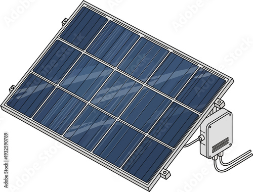Isometric illustration of a single solar panel with an attached inverter for renewable energy generation.