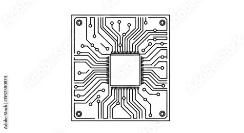 Detailed illustration of a microchip with intricate circuitry and pins.