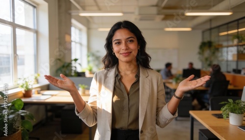 Professional woman with open palms gesture in a modern office. Give To Gain theme for International Women's Day 2026. Smiling businesswoman in a beige blazer presenting in a workspace
