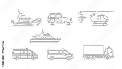 Emergency Vehicle Array: Line art showcasing a diverse array of emergency vehicles, meticulously illustrated to highlight each vehicle's unique characteristics.