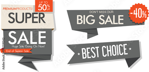 A collection of sale banners and labels on a white background