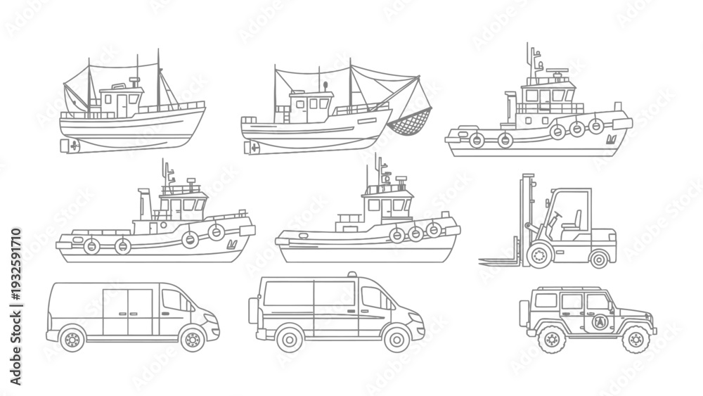 Obraz premium Marine and Land Transport Silhouette Collection: A detailed illustration showcasing a variety of marine and land transport silhouettes, meticulously outlined to highlight each vessel and vehicle.