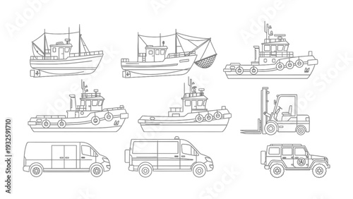 Marine and Land Transport Silhouette Collection: A detailed illustration showcasing a variety of marine and land transport silhouettes, meticulously outlined to highlight each vessel and vehicle.