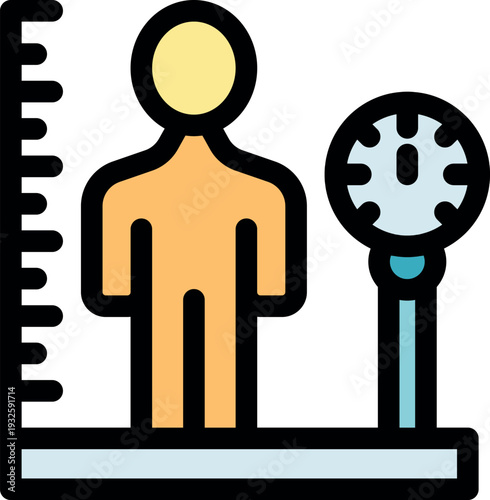 Person undergoing medical examination, measuring height and weight using stadiometer and scale, promoting health and wellness