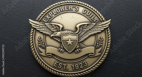Detailed close up of an Explorers Guild emblem with an eagle and banner.