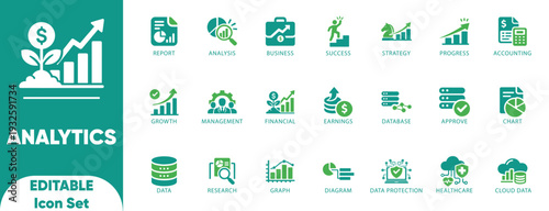 analytics icon set. Flat analysis, charts, reports, statistics, business growth, and solid icons.