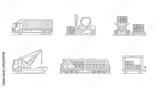 Logistics and Transportation: A collection of various vehicles and machinery essential to modern logistics and transport. The image captures the dynamic world of moving goods.