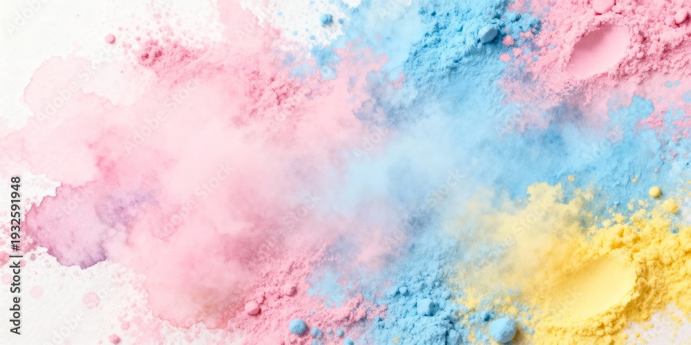 Fototapeta premium Holi festival background with a vibrant explosion of colorful powders. Abstract pastel texture with pink, blue, and yellow dust