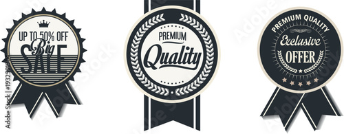 Three black and white sale and quality labels on a white background