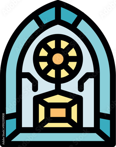 Colorful illustration of a stained glass arched window depicting a dharma wheel above a cubic pedestal, symbolizing buddhist teachings and meditation