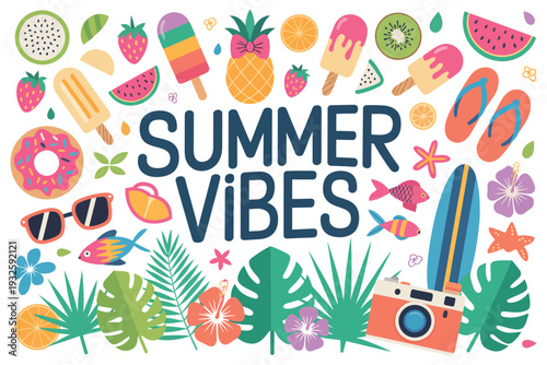 big summer set with fruits, drinks, pool floats, seashells, palm leaves, isolated objects on white background, hand drawn vector illustration in scandinavian style flat design, playful tropical collec