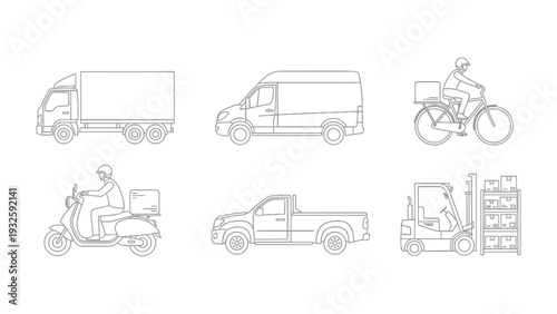 Delivery and Transport Icons: A collection of various vehicles and modes of transport, elegantly depicted as line drawings, illustrating diverse delivery services.