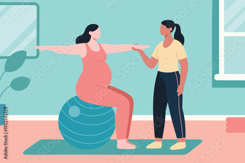 Cartoon Vector of a Pregnant Woman Exercising with Her Trainer Illustration Creative Design Template 