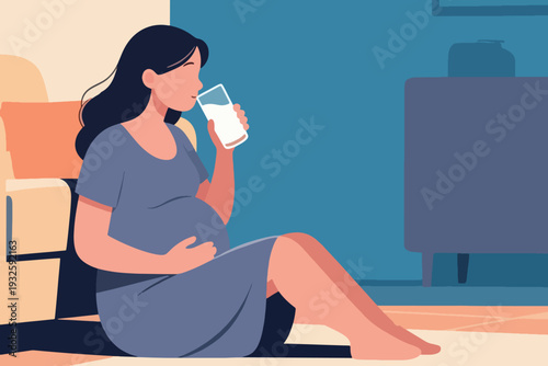 Pregnant Women Drink a Glass of Protein Milk Illustration Creative Design Template 