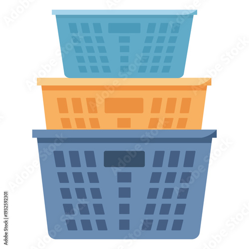 Three colorful plastic laundry baskets stacked neatly on top of each other, ready for use.