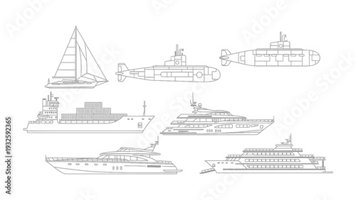 Maritime Collection: Explore a meticulously curated collection of various nautical vessels, each rendered in precise, clean lines, perfect for illustrating the different modes of water transportation.