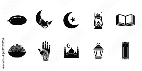Ramadan Kareem Black Solid Icon Set on White Background – Islamic Symbols Collection