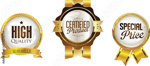 Three gold and white product badges on a white background