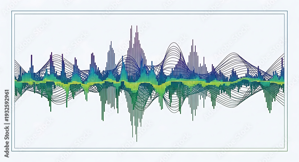 Fototapeta premium Vibrant sound wave pattern in blue, green on white background
