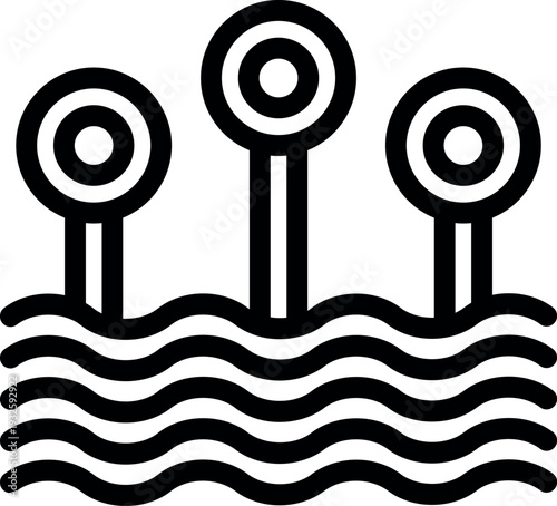 Three buoys floating on stylized water waves, creating a simple and recognizable nautical icon