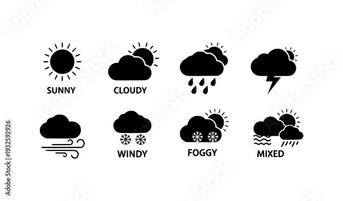 Flat weather forecast symbol vector pack – cloud, rain, sun, and wind icons