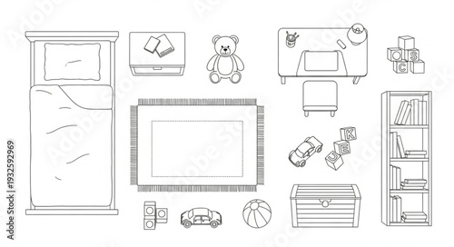 Detailed illustration of furniture and toys in a childs bedroom setting.