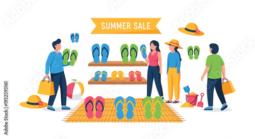 Set of summer sale vector illustration with people and flip flops