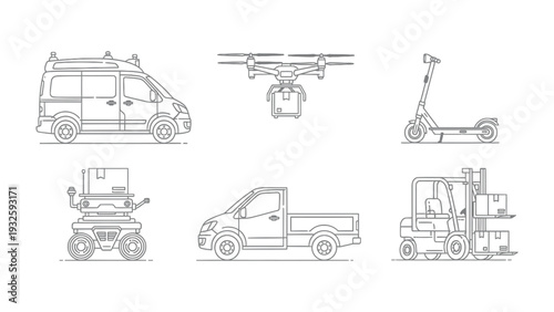 Logistical Symphony: A collection of various vehicles, including a van, drone, scooter, robot, truck, and forklift, artfully arranged.
