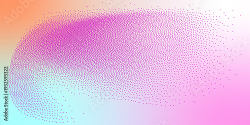 A vibrant gradient background with scattered text and symbols creating an abstract design