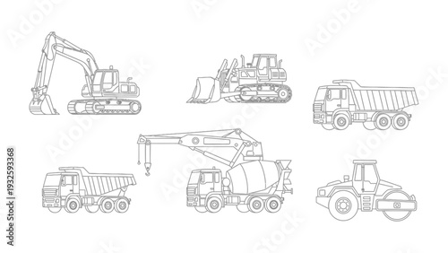 Construction Vehicles Illustrated: A collection of various construction vehicles, each meticulously illustrated in a detailed line art style.