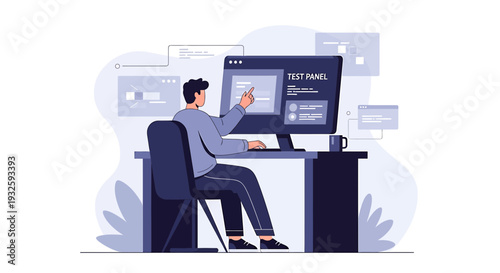 Developer works on test panel on computer, modern flat design illustration