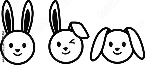 Three cute cartoon bunny faces with different expressions on a white background