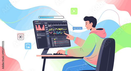 Video Editor Working on Computer, Editing Software Interface, Post Production Workflow