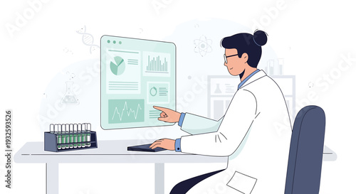Scientist Analyzing Data on Computer Screen in Laboratory