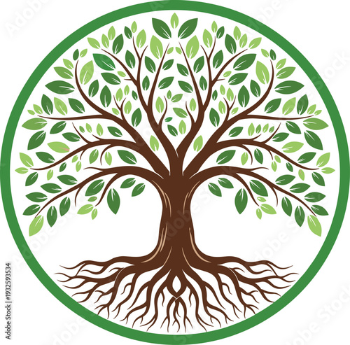Tree of life vector illustration with green leaves and deep roots in circular frame for nature conservation environment growth spirituality ancestry and family history concept