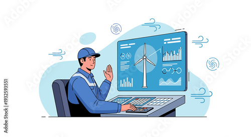 Wind turbine engineer monitoring renewable energy data on computer screen