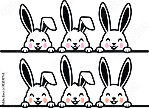 A group of cute cartoon rabbits peeking over a fence with rosy cheeks and smiling faces.