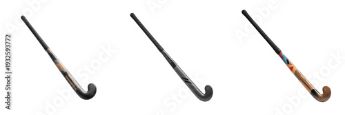 Fotografie Set of professional field hockey sticks with modern composite and wood finishes isolated on white background
