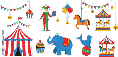 Vector circus illustration set with striped carnival tent carousel horse elephant seal jester clown balloons and festive bunting for children party invitation and fairground theme