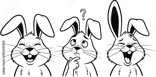 A black and white illustration of three rabbits with different facial expressions.