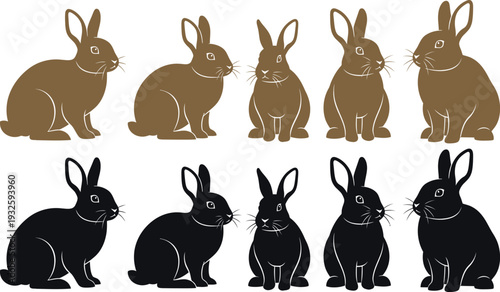 A group of brown and black rabbit silhouettes sitting in different poses on a white background