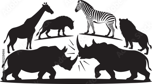 African animals silhouettes set giraffe zebra rhino wildebeest and lion on transparent